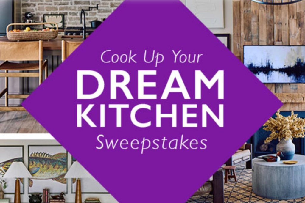 A “Cook Up Your Dream Kitchen Sweepstakes” promo image with a purple diamond headline over a cozy, modern kitchen and living space, advertising a Food Network and Wayfair sweepstakes to win a $5,000 Wayfair gift card and dream kitchen makeover-style prize.