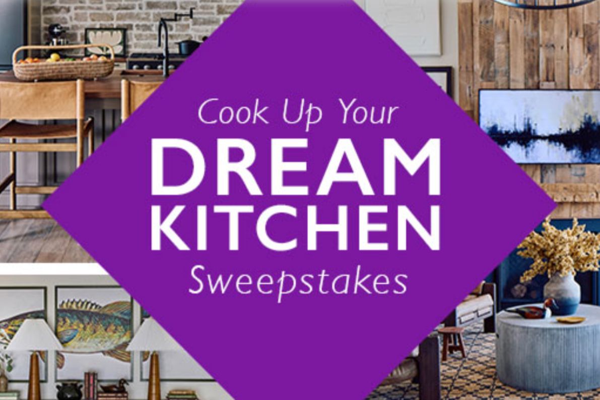 A “Cook Up Your Dream Kitchen Sweepstakes” promo image with a purple diamond headline over a cozy, modern kitchen and living space, advertising a Food Network and Wayfair sweepstakes to win a $5,000 Wayfair gift card and dream kitchen makeover-style prize.