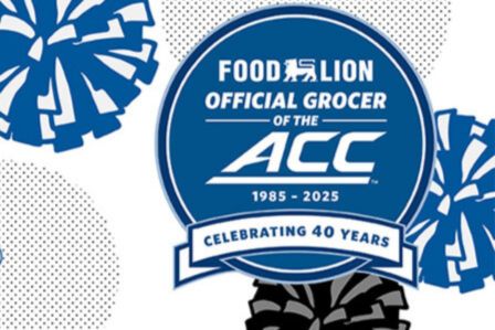 Food Lion ACC Sweepstakes image showing a blue “Food Lion Official Grocer of the ACC 1985–2025” badge with “Celebrating 40 Years” banner and cheer-style graphics. Food Lion ACC giveaway promotional graphic for an ACC sweepstakes contest featuring ACC branding and a Food Lion-sponsored prize promotion.