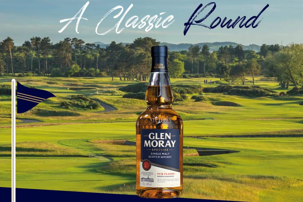 Glen Moray Classic Round on Us instant win giveaway image showing a Glen Moray single malt bottle on a scenic golf course with the words “A Classic Round.” Glen Moray golf promotion prize graphic for a $100 gift card toward a round of golf, instant win contest with daily entry.