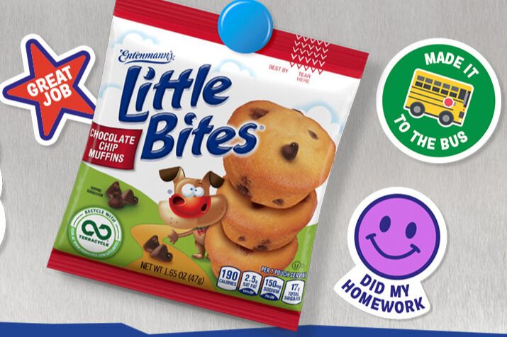 Entenmann’s Little Bites chocolate chip muffin bites bag pinned to a gray background with kid-style reward stickers. Little Bites Celebrate Little Wins promotion image showing Little Bites Little Wins sweepstakes branding, muffin bites package, and school-themed “Great Job” and “Did My Homework” stickers.