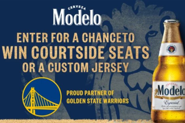 Modelo Basketball Sweepstakes promo image showing “Enter for a chance to win courtside seats or a custom jersey,” with a Modelo Especial beer bottle, Golden State Warriors logo, and partnership message on a blue background. Modelo Golden State Warriors sweepstakes graphic highlighting courtside seats and a custom Modelo x Warriors jersey giveaway. Warriors courtside tickets contest and co-branded jersey sweepstakes image promoting Modelo Basketball Sweepstakes in California.