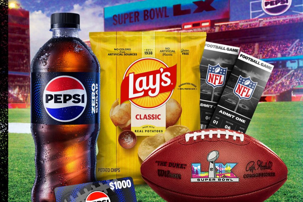 A Pepsi 20 oz bottle and a bag of Lay’s Classic potato chips sit on a football field with a stadium backdrop, alongside NFL tickets, a Super Bowl LX football, and a $1,000 Pepsi fan fund card. The image highlights a Pepsi and ExtraMile NFL All-Access Pass sweepstakes theme, showing snacks and football prizes tied to Super Bowl and NFL experiences. This promotional graphic visually represents an NFL ticket and trip-style grand prize plus fan fund rewards in the Pepsi ExtraMile sweepstakes.