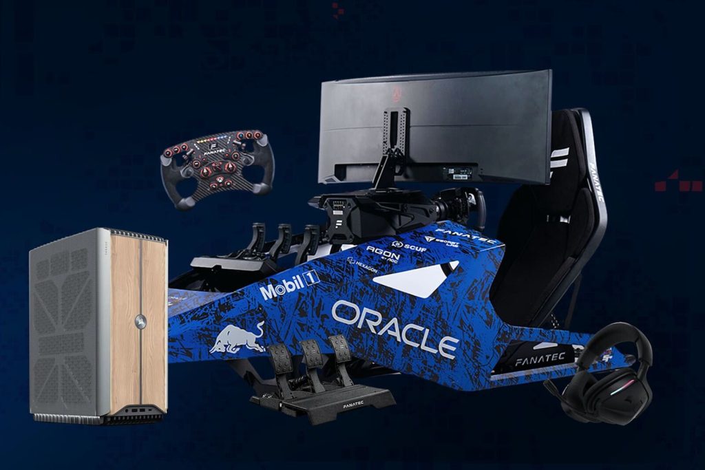 Oracle Red Bull Racing sim rig giveaway image showing a full racing cockpit bundle with a Fanatec sim rig frame and seat, triple pedals, racing wheel, large curved monitor, gaming PC tower, and headset, highlighting an ultimate sim racing setup sweepstakes prize pack from Oracle Red Bull Racing.