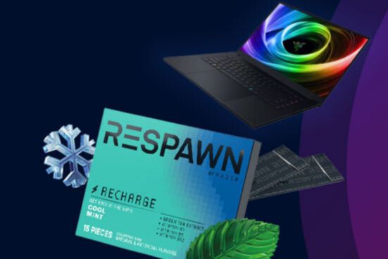 Dark blue promotional image for the Respawn 2025 National Sweepstakes showing a Razer gaming laptop and Respawn Recharge gum packs, highlighting a gaming gear giveaway. Respawn by Razer sweepstakes graphic featuring a Razer Blade gaming laptop prize and Respawn Recharge gum, promoting a chance to win Razer gaming gear. Razer gaming laptop giveaway image for the Respawn national sweepstakes with gaming gear prizes including a laptop bundle.