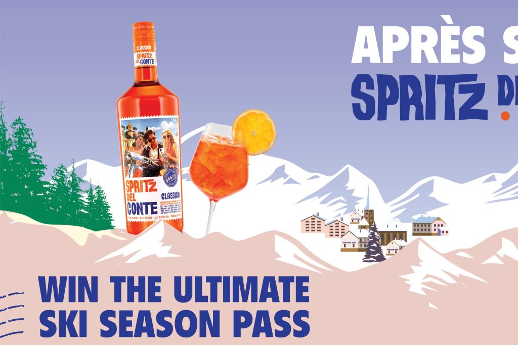 Promotional image for the Spritz Del Conte Après-Ski Sweepstakes showing a bottle of Spritz Del Conte Aperitivo, a bright orange spritz cocktail in a wine glass with an orange slice, and alpine mountain scenery promoting a chance to win an IKON Pass ski season prize.