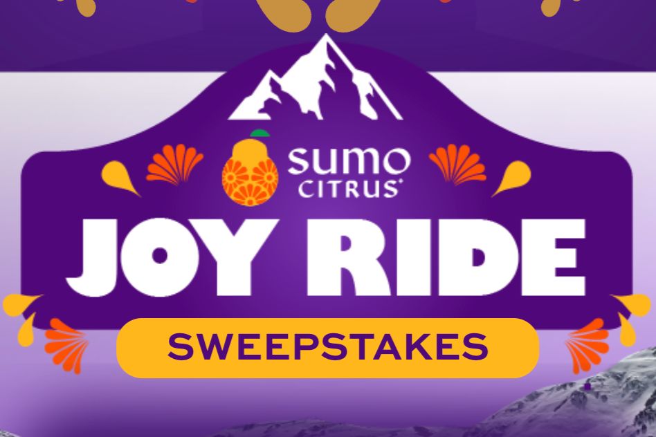 Promotional graphic for the Sumo Citrus Joy Ride Sweepstakes featuring bold purple and orange branding and highlighting a chance to win a $10,000 Ski.com travel experience toward a custom ski or snowboard vacation. The image promotes the Sumo Citrus Sweepstakes grand prize of a $10,000 ski trip credit plus bonus Sumo Citrus prize items. A vibrant sweepstakes banner showcasing the Sumo Citrus Joy Ride Giveaway and its $10,000 travel experience prize package.