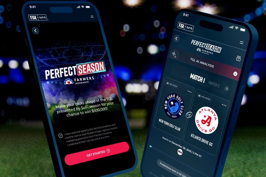 Two smartphones display the TGL Perfect Season Farmers Insurance contest screen, showing the Perfect Season game interface and match prediction tiles for TGL Season 2 with messaging about a chance to win $500,000, highlighting a golf prediction contest, Perfect Season picks, and TGL app entry experience.