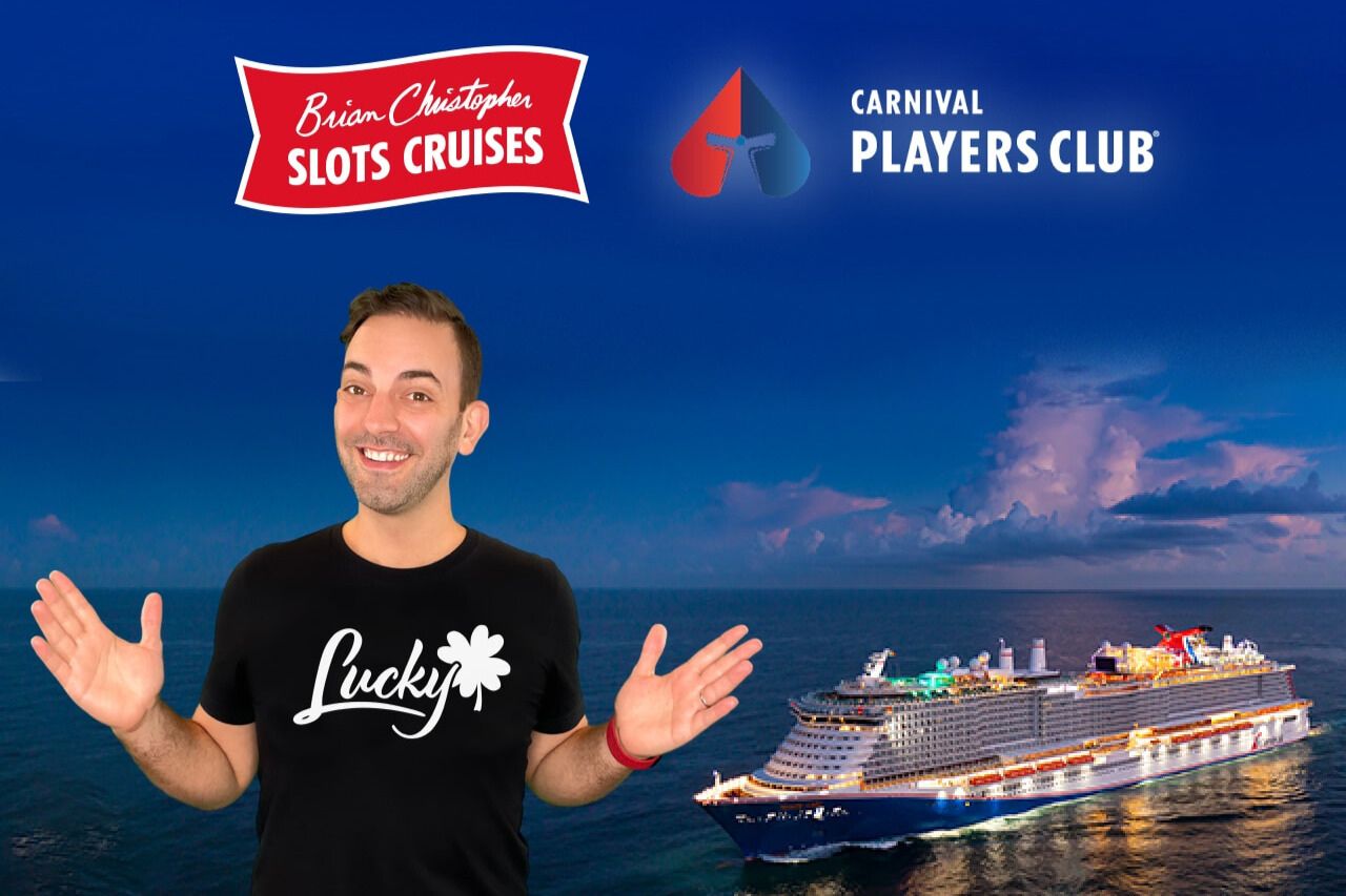 Promotional image for the Brian Christopher Slots Sweepstakes showing a Carnival cruise ship sailing at night alongside a smiling host in a Lucky shirt, representing a cruise prize package that includes a balcony stateroom, onboard FunPlay credit, and airfare credit. The image highlights a Carnival cruise vacation giveaway featuring an ocean cruise ship and casino-themed rewards.