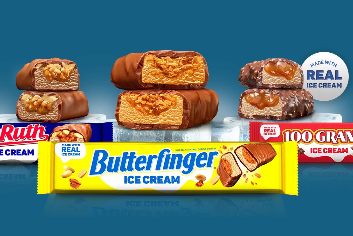 Butterfinger, Baby Ruth, and 100 Grand ice cream bars displayed in a promotional image for the Double Treat Yourself Sweepstakes featuring candy-inspired ice cream treats and instant win prizes. Promotional image showing Butterfinger ice cream bars with chocolate coating and crunchy peanut butter center alongside Baby Ruth and 100 Grand ice cream bars for the Double Treat Yourself Sweepstakes giveaway. Ice cream candy bar treats including Butterfinger, Baby Ruth, and 100 Grand bars featured in a bright promotional graphic advertising the Double Treat Yourself experiential prize sweepstakes.
