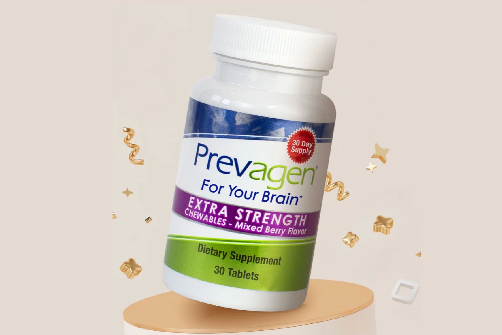 Close-up product photo of a Prevagen Extra Strength chewables bottle labeled “Prevagen For Your Brain” with mixed berry flavor and 30 tablets, featured as the prize for the Prevagen 2026 Monthly Sweepstakes. Product-style image showing the Prevagen dietary supplement bottle for a year supply giveaway, highlighting Prevagen Extra Strength Mixed Berry Chewables as the sweepstakes prize. Clean studio shot of a Prevagen bottle used to represent the Prevagen sweepstakes prize, a 12-bottle one-year supply of Prevagen Extra Strength chewables.