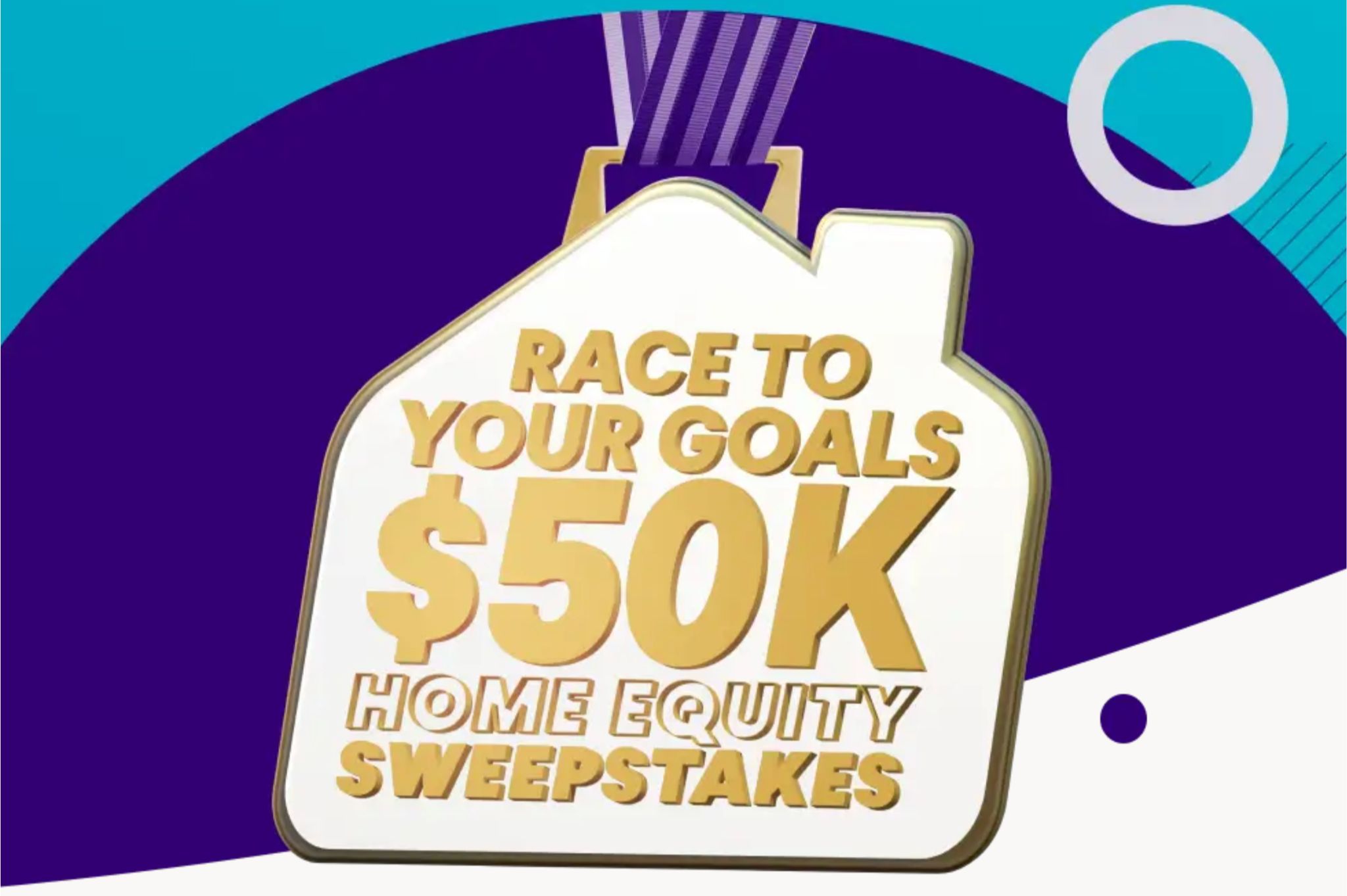 Bold sweepstakes graphic showing a medal-style badge that reads “Race To Your Goals $50K Home Equity Sweepstakes,” representing a chance to win a $50,000 cash prize from SoFi. Bright teal and purple promotional image with a ribbon and award badge for the SoFi home equity sweepstakes, highlighting a $50K cash giveaway. Eye-catching SoFi sweepstakes artwork featuring a large “$50K” headline and home equity sweepstakes text, used to promote the Race To Your Goals $50,000 prize drawing.
