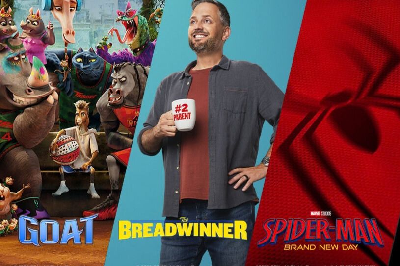 Split movie-themed sweepstakes image showing animated characters for GOAT on the left, The Breadwinner title with a dad holding a “#2 Parent” mug in the center, and Spider-Man Brand New Day red suit texture on the right. Sony Pictures Movie Lovers Sweepstakes promo art featuring GOAT, The Breadwinner, and Spider-Man Brand New Day movie panels. Sony Movie Lovers Sweepstakes image highlighting Sony Pictures films and the Movie Lovers Sweepstakes entry promotion.