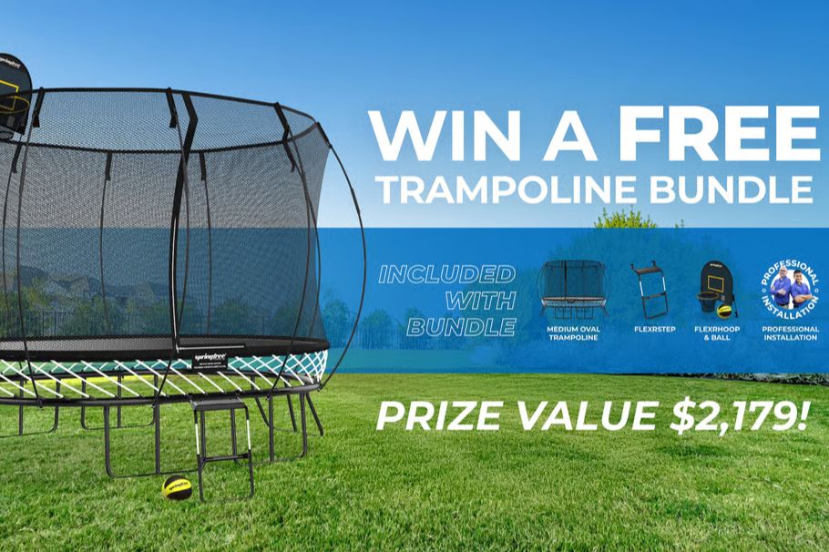A large 8ft x 11ft Springfree medium oval trampoline with safety enclosure displayed on green grass, promoting a trampoline bundle giveaway valued at $2,179 that includes a FlexrHoop, FlexrStep, and professional installation as part of the Springfree Trampoline Sweepstakes.