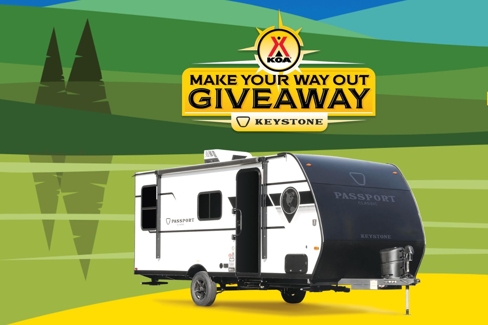 A white and black travel trailer with the name "Passport Classic" is parked on a vibrant yellow foreground, set against a backdrop of green hills and trees, featured in the KOA Keystone Passport Sweepstakes