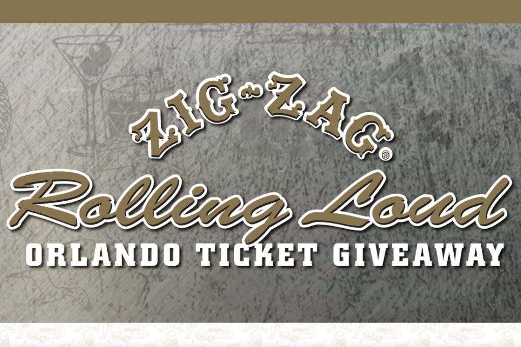 A textured background features the text announcing a ticket giveaway for Rolling Loud in Orlando, highlighted by decorative elements and distinct typography, featured in the Zig-Zag Rolling Loud Sweepstakes