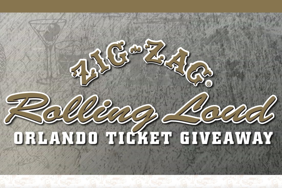 A textured background features the text announcing a ticket giveaway for Rolling Loud in Orlando, highlighted by decorative elements and distinct typography, featured in the Zig-Zag Rolling Loud Sweepstakes