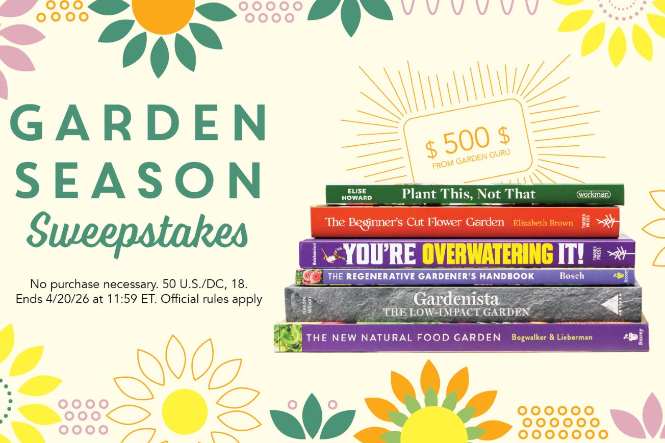 Colorful gardening books are stacked on a light background adorned with floral illustrations, promoting a garden-themed sweepstakes with a prize of $500, featured in the Timber Press Garden Sweepstakes