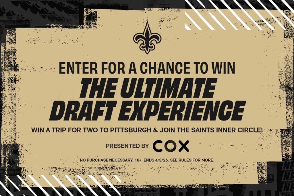 A promotional graphic invites participants to win a trip for two to Pittsburgh for an ultimate draft experience with the Saints, featuring bold text and an engaging design, featured in the Saints VIP Draft Sweepstakes