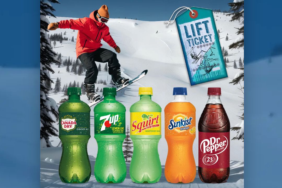A snowboarder in a red jacket performs a trick on a snowy slope, surrounded by various soda bottles, alongside a "Lift Ticket" tag in the background, featured in the Chill Sip Shred Sweepstakes