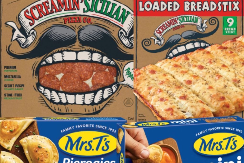 A close-up of two pizza and snack boxes, featuring a cartoon mouth with pepperoni and a row of cheesy breadsticks, showcasing a tasty meal option with pierogies in the foreground, featured in the JOH $500 Gift Card Sweepstakes