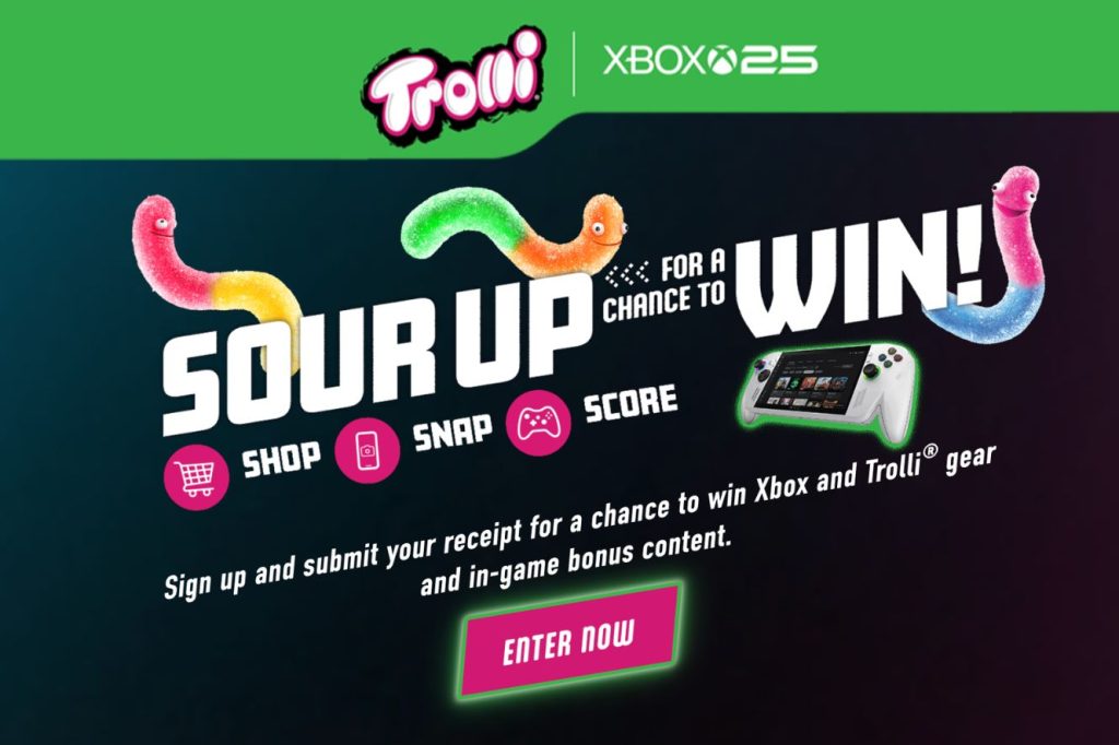 Colorful gummy worms are featured prominently against a vibrant background, promoting a contest where participants can win Xbox gear and in-game content, featured in the Trolli Xbox Gaming Sweepstakes
