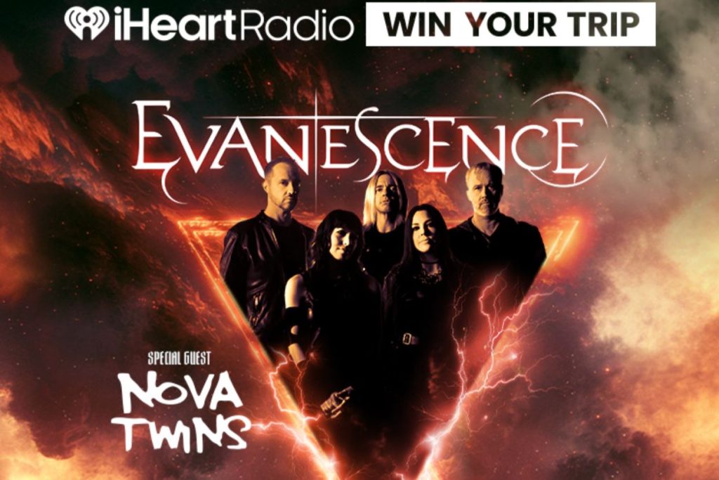 A group of rock musicians poses confidently against a dramatic backdrop with vibrant colors and lightning effects, showcasing Evanescence and special guest Nova Twins, featured in the iHeart Evanescence Trip Sweepstakes