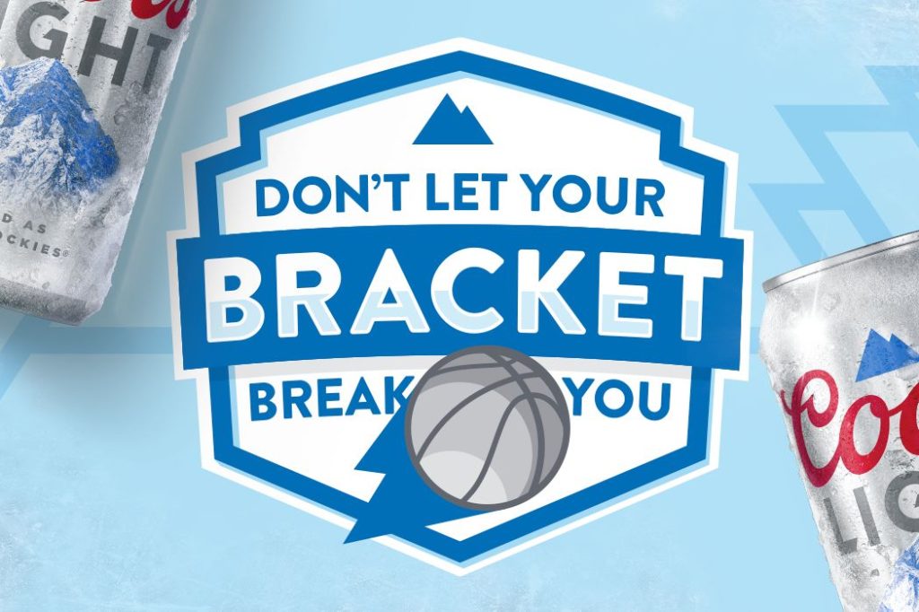 Chilled cans of beer are positioned next to a graphic featuring a basketball and the phrase "Don't let your bracket break you," set against a light blue background, featured in the Coors Light March Hoops Sweepstakes