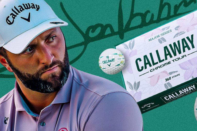 A golfer with a focused expression is wearing a cap and a polo shirt, surrounded by golf balls and a box of Callaway Chrome Tour balls, set against a green background, featured in the 2026 April Major Autograph Golf Ball Sweepstakes
