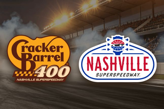 A racetrack scene with smoke and bright lights, showcasing the Cracker Barrel 400 event at Nashville Superspeedway, emphasizing excitement and speed in motorsport, featured in the Cracker Barrel Rewards Pit Stop Sweepstakes