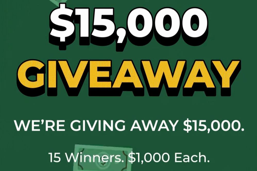 A vibrant green background features bold text announcing a $15,000 giveaway with details about 15 winners receiving $1,000 each, featured in the Self Financial $1,000 Sweepstakes