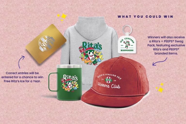 A colorful assortment of promotional items, including a hoodie, cap, mug, and gift card, all featuring playful designs that celebrate a popular ice brand and a chance to win free ice, featured in the Rita's Mystery Peeps Sweepstakes