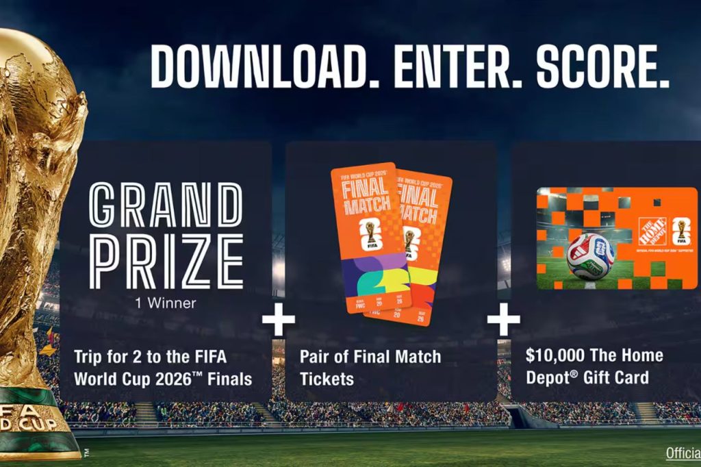 A golden trophy is prominently displayed alongside two tickets for a final match and a large gift card, promoting a grand prize contest for the FIFA World Cup 2026 Finals, featured in the FIFA World Cup 2026 Ticket Sweepstakes