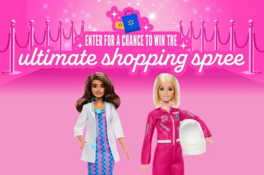 Two fashionable dolls stand on a pink background with a red carpet, promoting a contest for an ultimate shopping spree. One doll wears a lab coat, and the other sports a vibrant jumpsuit, featured in the Barbie Ultimate Shopping Spree Sweepstakes