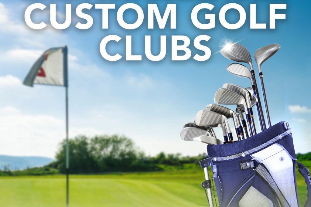 A set of custom golf clubs stands upright in a blue golf bag against a blurred backdrop of a golf course and sky, with a flag gently waving in the distance, featured in the Flight Golf Sweeps 2026