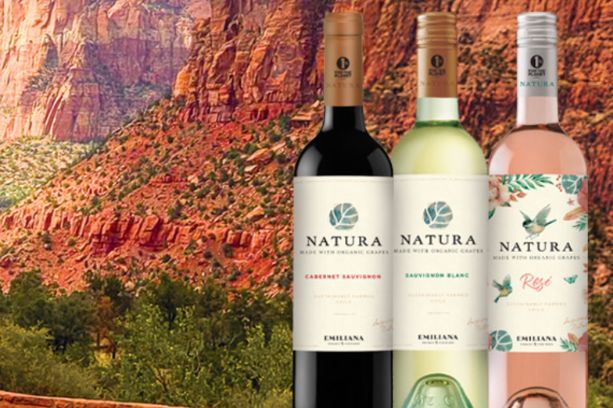 Three bottles of wine are displayed in front of a vibrant red rock landscape, highlighting the natural beauty and flavor of the wines. The scene suggests a refreshing outdoor experience, featured in the Natura Wines Trek Travel Sweepstakes