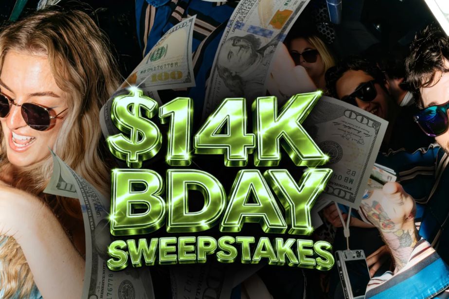 A group of cheerful individuals enjoys a celebration, surrounded by stacks of cash, expressing excitement and joy about a birthday-themed sweepstakes, featured in the Blenders $14K Sweepstakes