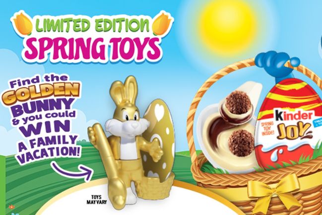 A cheerful yellow bunny stands next to a golden egg against a bright blue sky, promoting a limited edition spring toy collection and a chance to win a family vacation, featured in the Kinder Joy Find the Golden Bunny Toy Sweepstakes