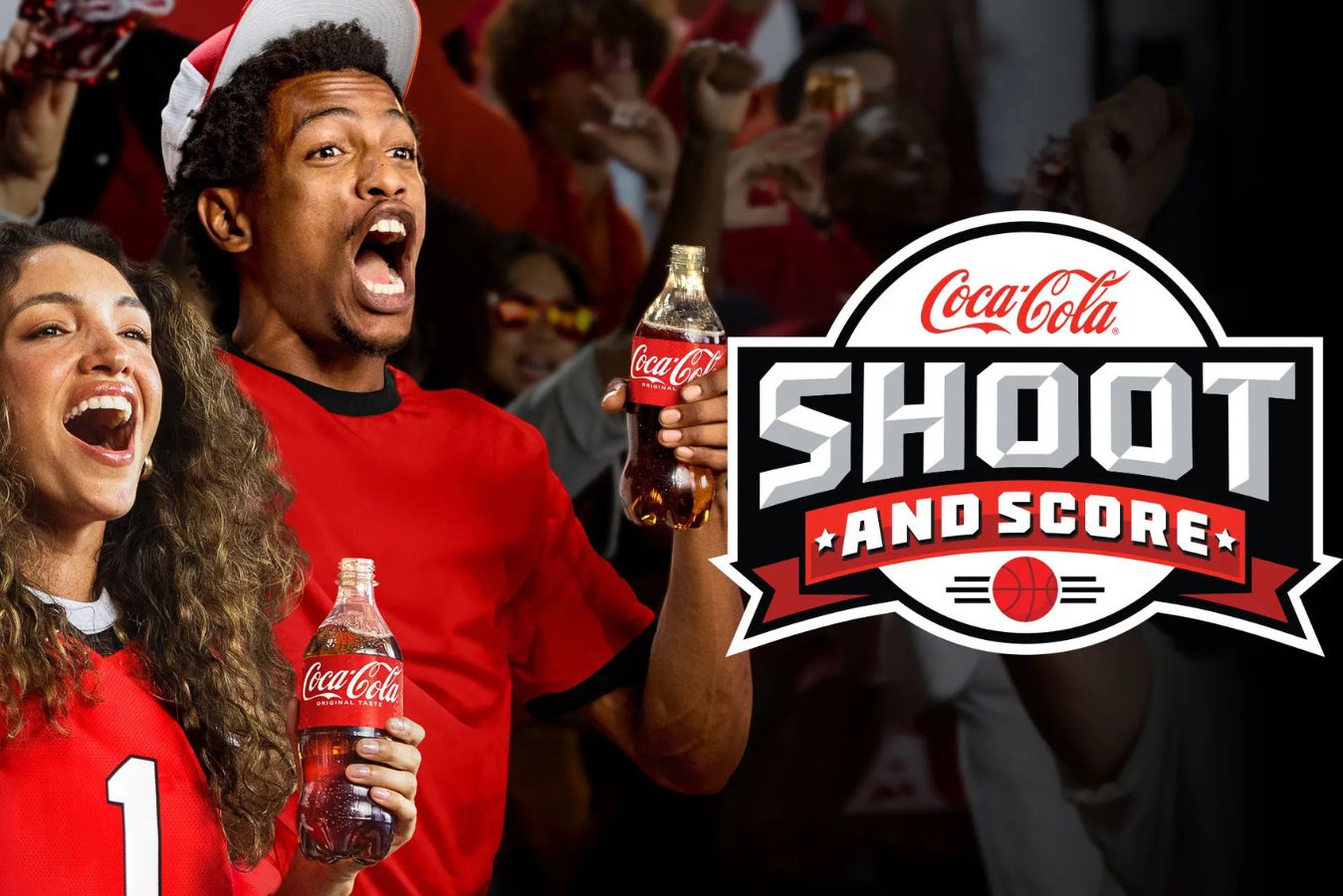 Excited fans in red jerseys cheer passionately, holding bottles of soda while celebrating a basketball game in a lively crowd, featured in the Coca-Cola March Madness Trip Sweepstakes