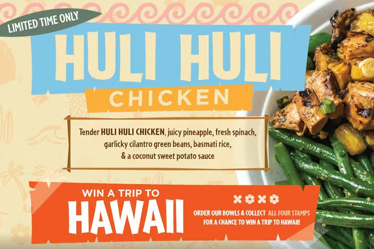 A vibrant bowl features tender Huli Huli chicken, juicy pineapple, green beans, and basmati rice, drizzled with coconut sweet potato sauce, against a colorful background, featured in the Mahana Fresh Trip to Hawaii Sweepstakes