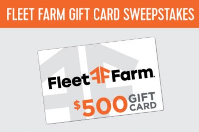 A $500 gift card features prominently, with bold black lettering on a white background, set against a light gray backdrop. The top highlights a sweepstakes announcement, featured in the Fleet Farm 500 Gift Card Sweepstakes
