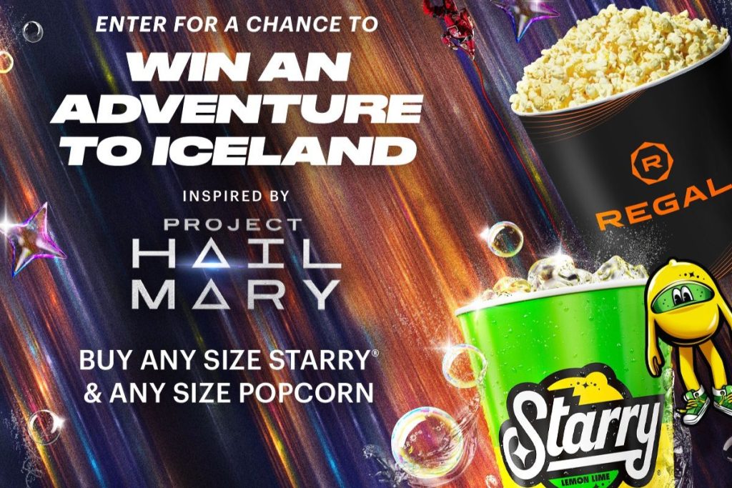 A colorful promotional graphic features a large bucket of popcorn alongside bright cups of lemon-lime soda, inviting viewers to enter a contest for a chance to win a trip to Iceland, featured in the Project Hail Mary Starry Night Sweepstakes