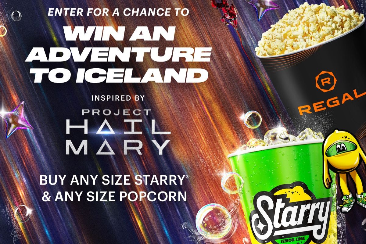 A colorful promotional graphic features a large bucket of popcorn alongside bright cups of lemon-lime soda, inviting viewers to enter a contest for a chance to win a trip to Iceland, featured in the Project Hail Mary Starry Night Sweepstakes
