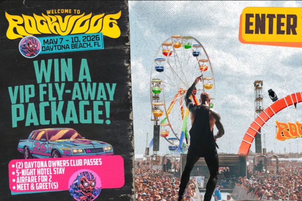 A vibrant music festival scene with a performer on stage, energizing a large crowd. Ferris wheel in the background adds a festive atmosphere, showcasing the excitement of the event, featured in the Danny Wimmer Presents Welcome To Rockville VIP Sweepstakes