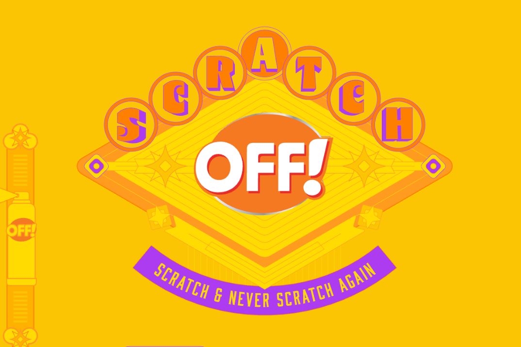 A vibrant yellow background features the word "SCRATCH" prominently, with "OFF!" at the center, suggesting a playful scratch-off theme or game. Decorative elements add visual interest, featured in the OFF! Scratch & Never Scratch Again Sweepstakes