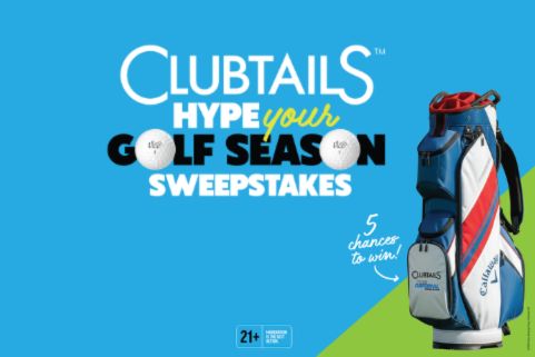 A golf bag with a blue and red design stands prominently against a bright blue background, promoting a sweepstakes for golf enthusiasts. Golf balls are featured nearby, featured in the Clubtails Cocktails Golf Bag Spring Sweepstakes