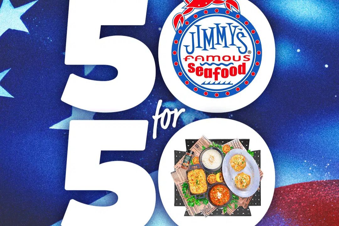 A vibrant graphic features a seafood platter with various dishes, accompanied by a logo in the corner. The backdrop showcases a bold, colorful design, featured in the Jimmys 50 for 50 Sweepstakes