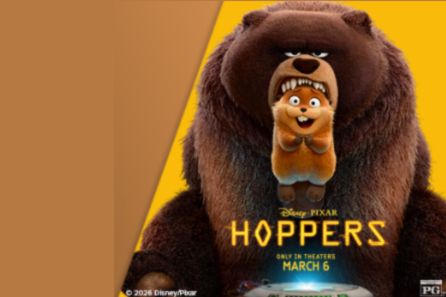 A large, fluffy bear towers over a cheerful small creature with a big smile, both set against a vibrant yellow background, promoting an animated film titled "Hoppers," releasing March 6, featured in the Fandango Toy Story 5 Premiere Sweepstakes