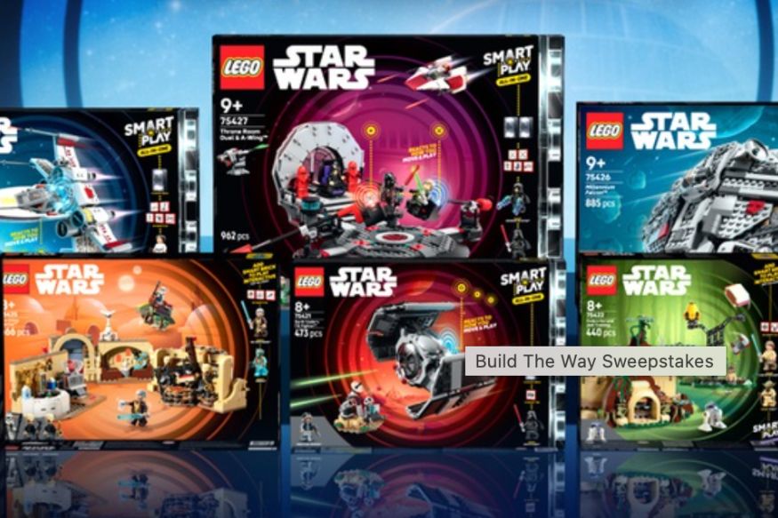 A display of various LEGO Star Wars sets, showcasing colorful boxes featuring iconic spacecraft, characters, and scenes from the franchise, arranged attractively against a vibrant background, featured in the Fandango LEGO SMART Play Sweepstakes