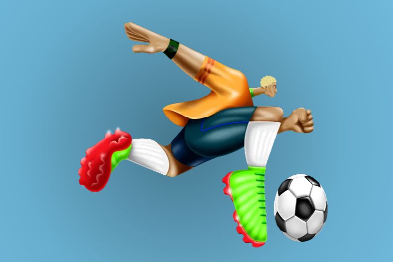 A soccer player with blonde hair performs a dynamic kick in colorful cleats, sending a black and white soccer ball flying against a light blue background, featured in the Visa World Cup Sweepstakes